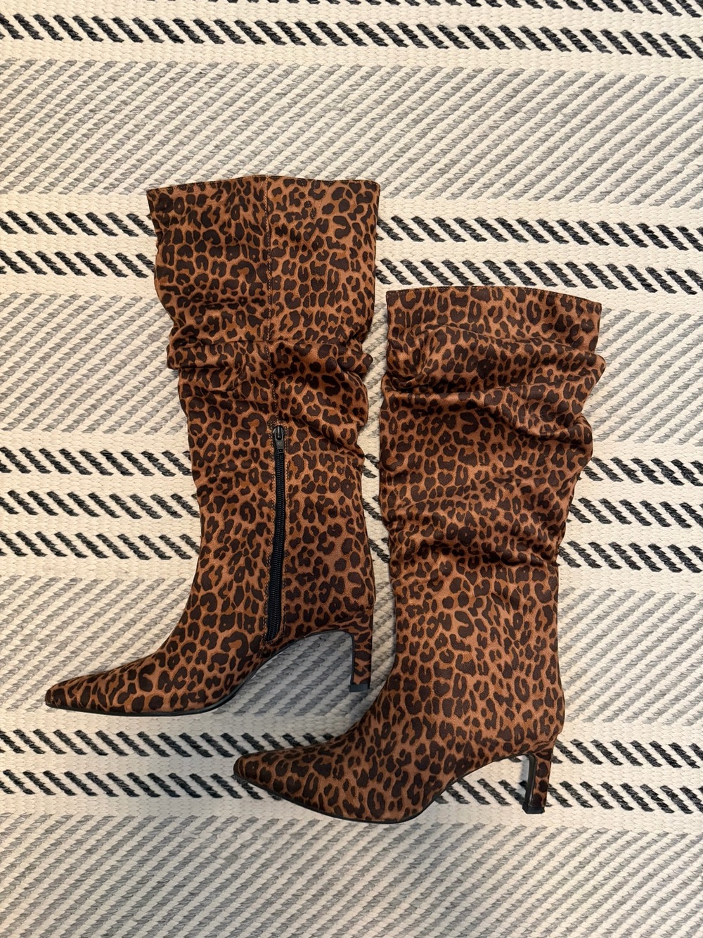 Leopard Print Slouch Mid-Calf Heeled Boots - Brown